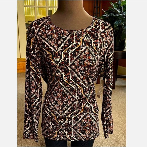 New CHICO'S Knit Tee Shirt Top Brown Multi Size 2 L - Picture 1 of 4